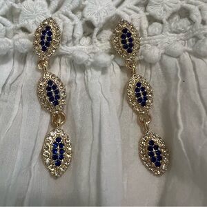 Elegant Gold and Blue Crystal Dangle Earrings New in Box